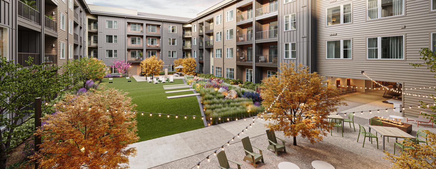 a courtyard with chairs and plants in it and buildings in the back
